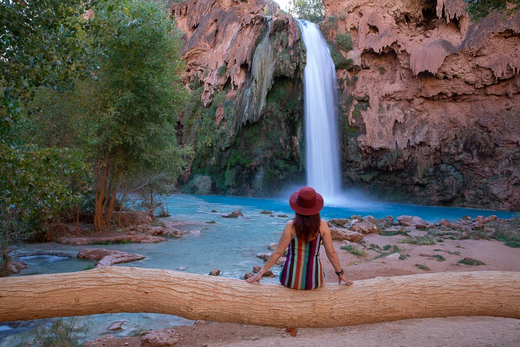 Agnes Stabinska, the author, in bron hat is relax in front of the Havasu Falls at Havasupai.