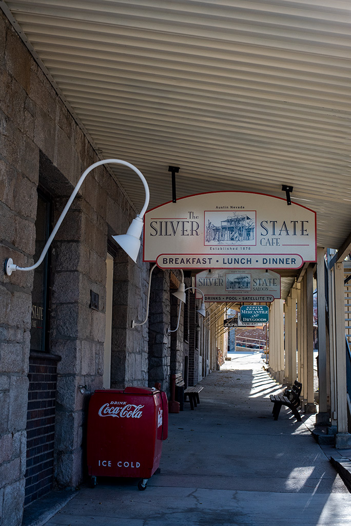 Old buildlings in Austin Nevada: entrance to the Silver State Cafe and Restaurant.