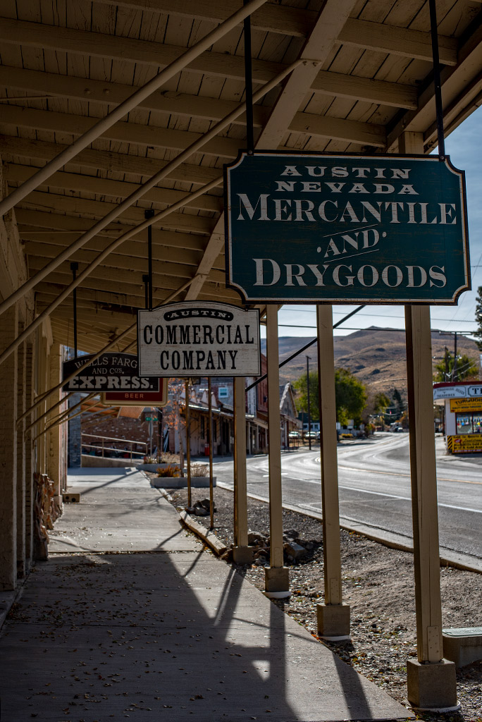 Old buildlings in Austin Nevada: entrance to the mercantile and drygoods.