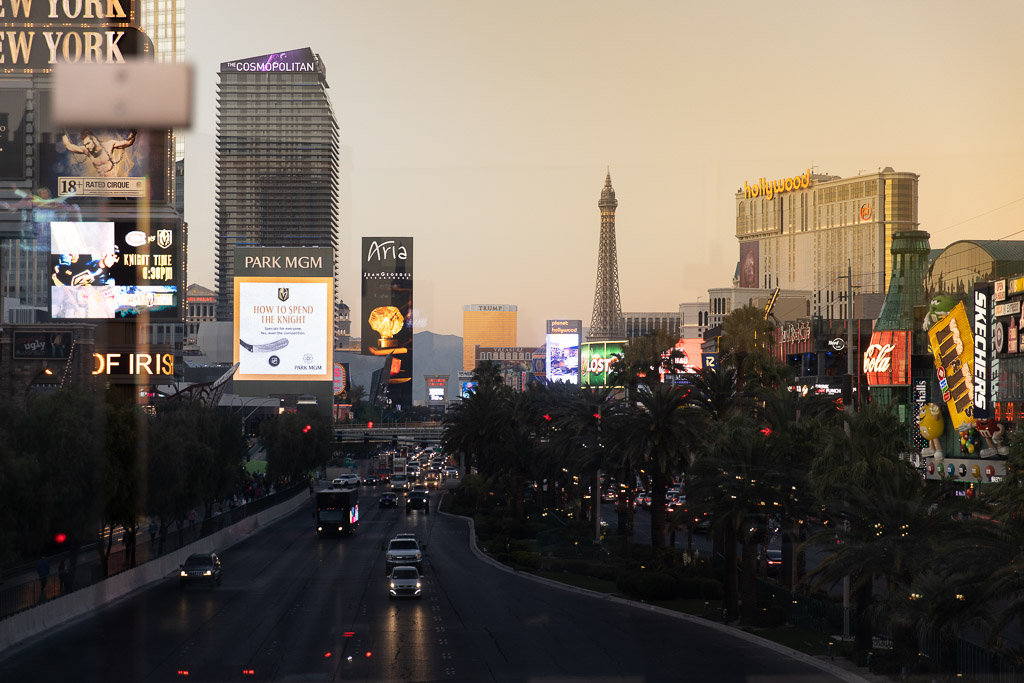 the strip view in las vegas at sunset