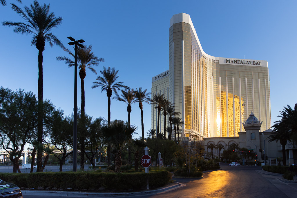 mandalay bay hotel in las vegas during sunset.