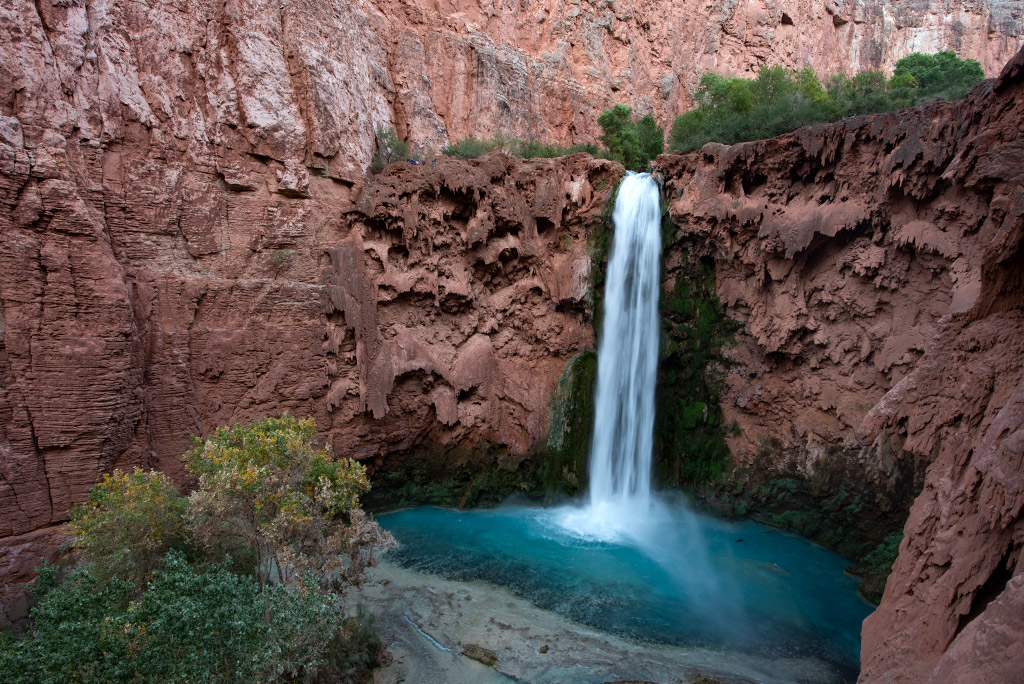 Mooney falls - water cascades down the vertical beige walls of the canyon.