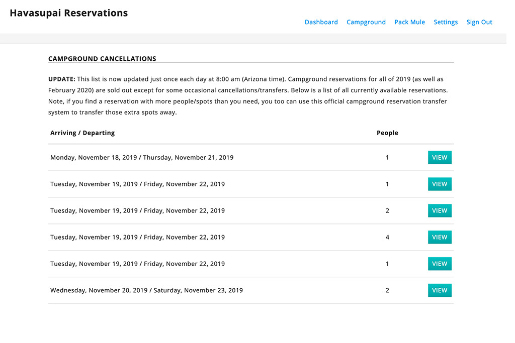 Step-by-step screenshot of how to make a reservation on the official Havasupai website to obtain a hiking permit.