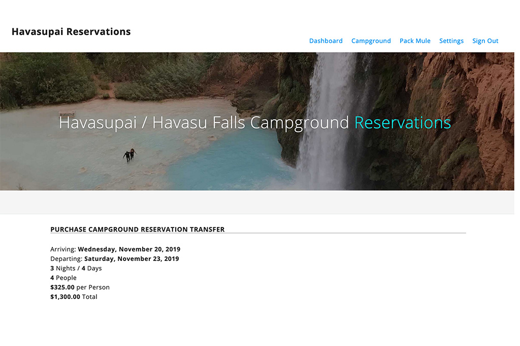 Step-by-step screenshot of how to make a reservation on the official Havasupai website to obtain a hiking permit.