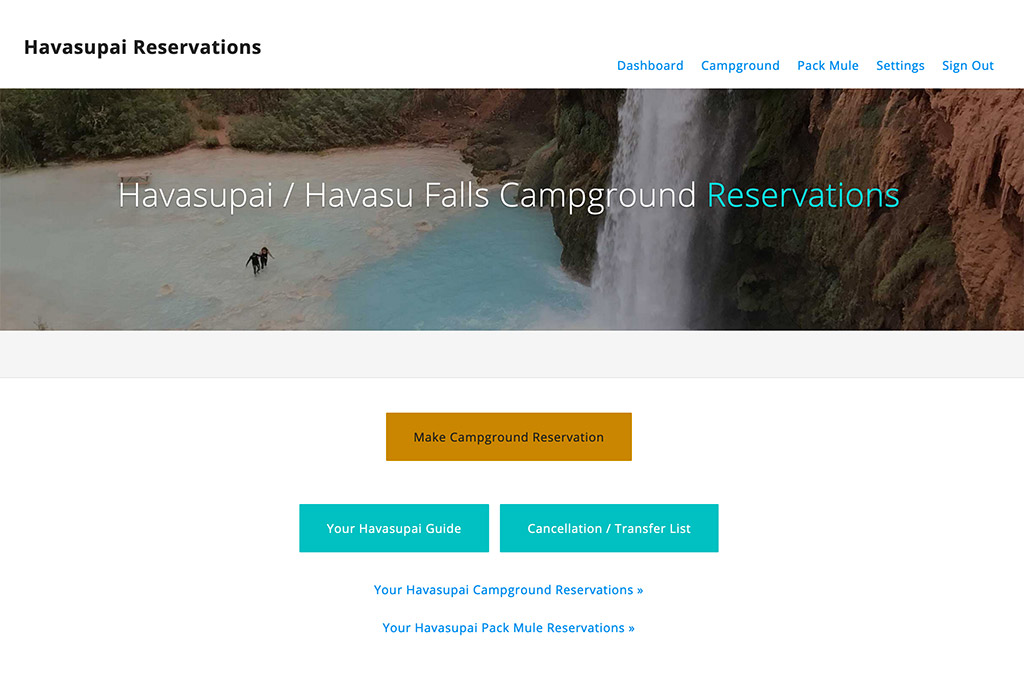 Step-by-step screenshot of how to make a reservation on the official Havasupai website to obtain a hiking permit.