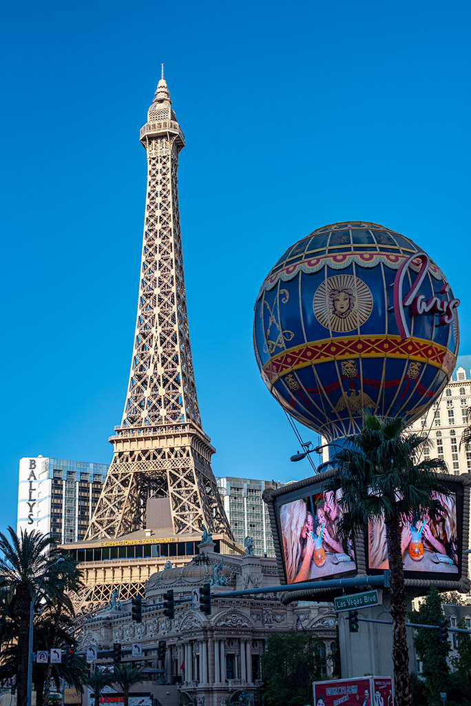 Hotel Paris in Las Vegas with famous replica of Eiffel Tower at the front.