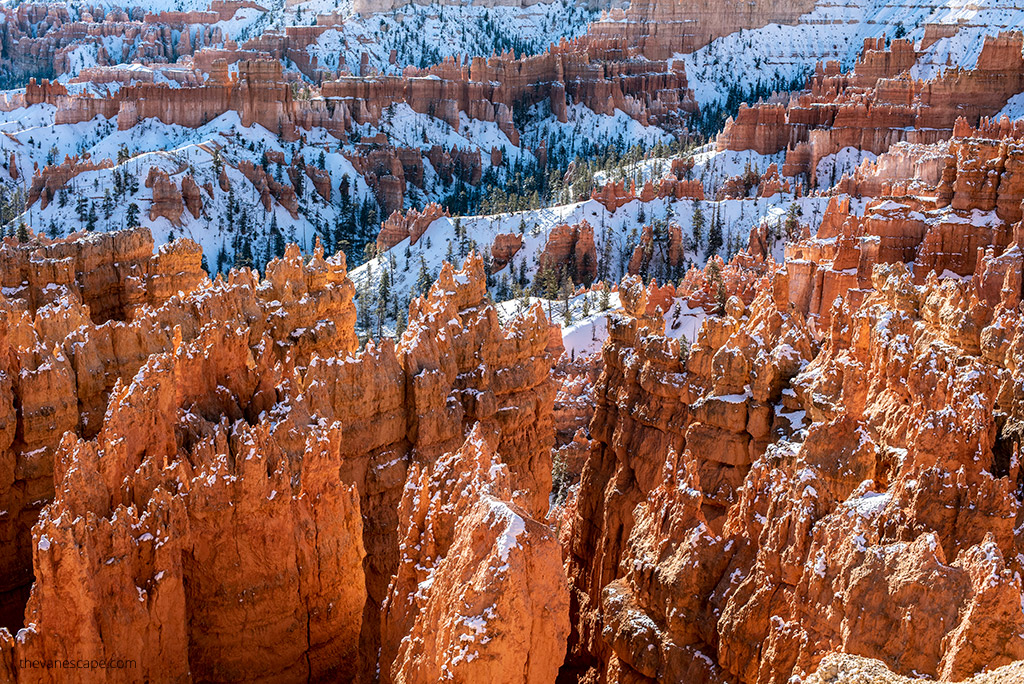 Bryce Canyon hoodoos in winter covered by snow.