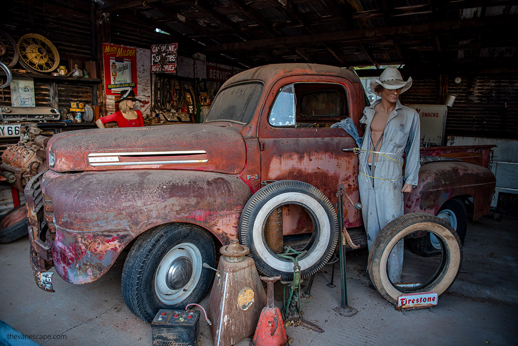 old and rusty pickup in Hackberry General Store in Arizona.