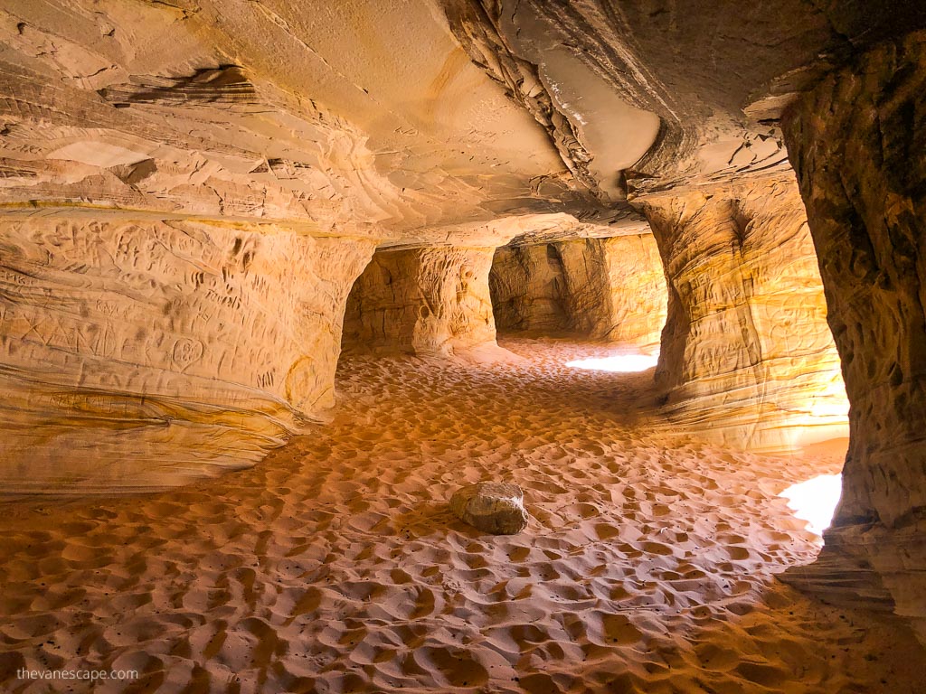 yellow and oranges walls inside the Moqui Caverns near Kanab, Utah