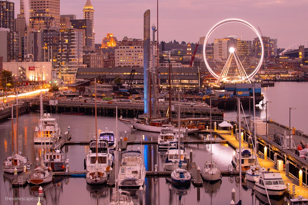 seattle downtown and seattle cruise port after sunset.