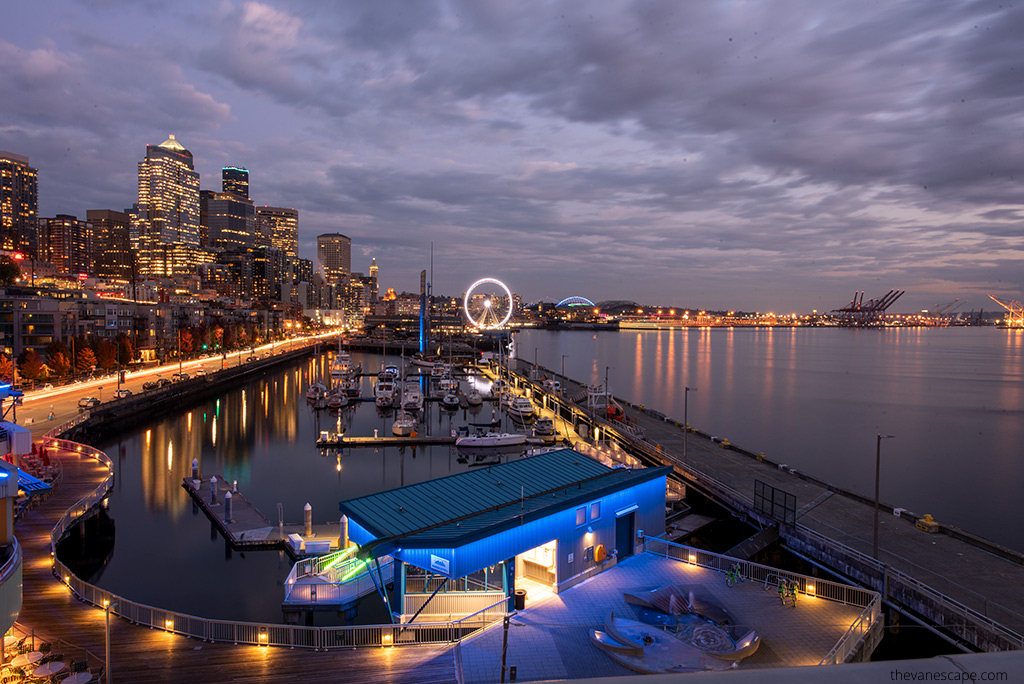 Seattle waterfront by night.