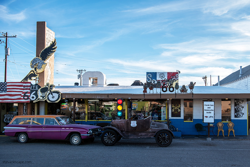 Seligman on Route 66: old pinc cadillac at the fron of souvenir shop.