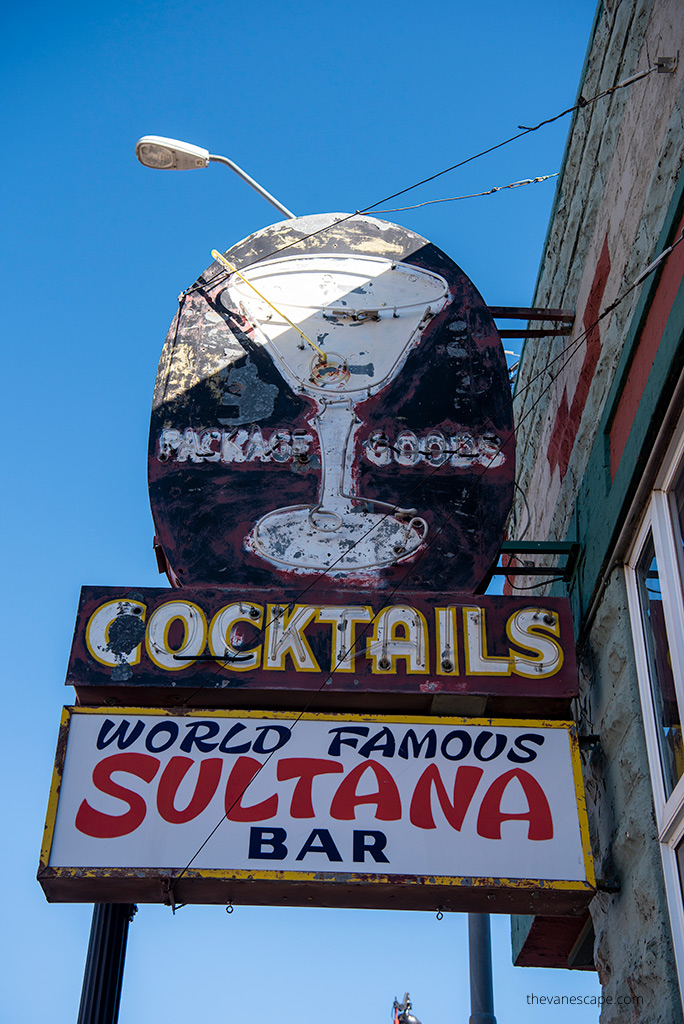 Best Route 66 Towns Arizona: entrance and sign to world famous sultana bar. 