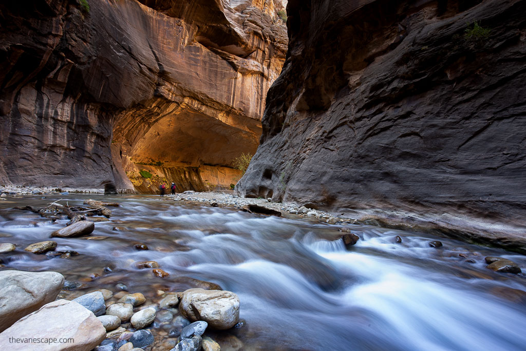 Frozen water in the narrows stream in zion national park.