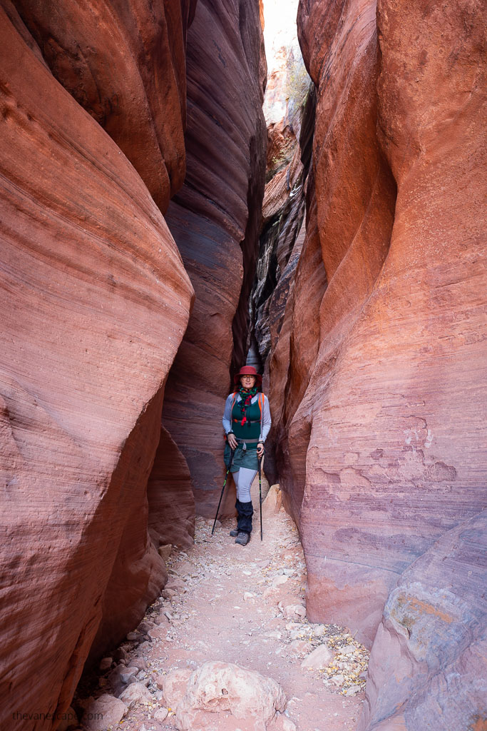 Agnes in Narrow part of Buckskin Gulch slot canyon.