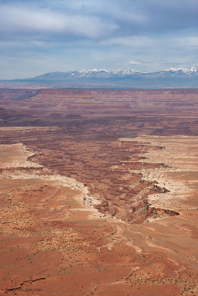 Canyonlands scenery with mountains in the backdrop.
