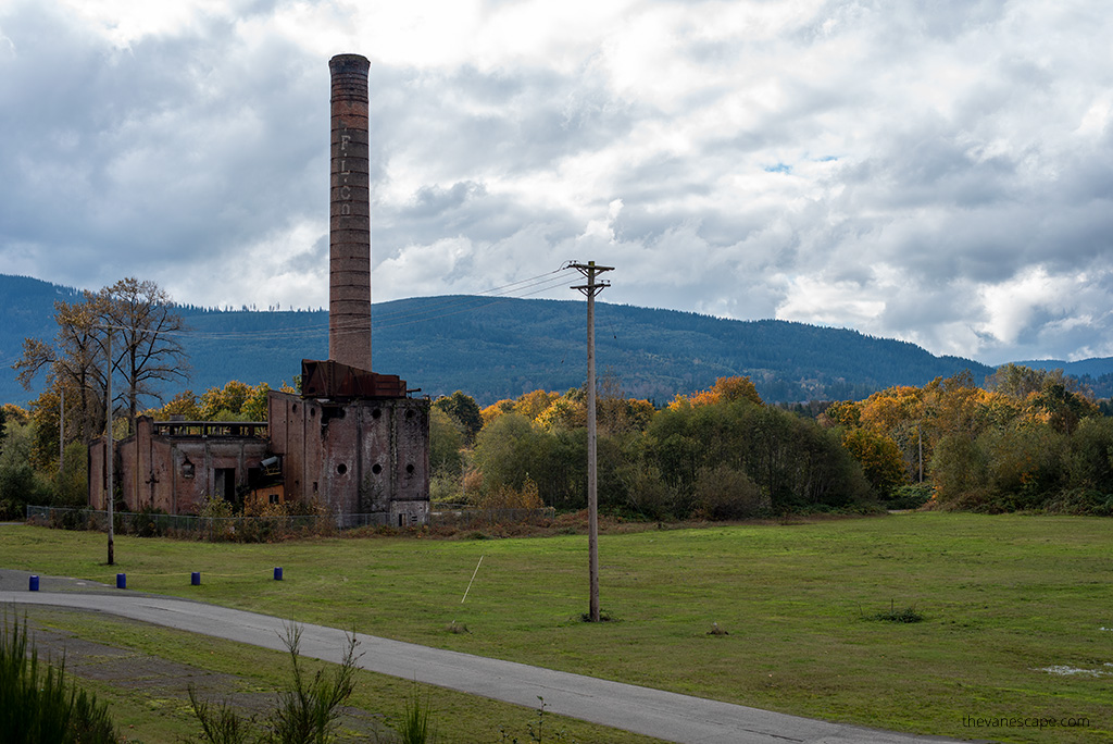 Packard Sawmill from Twin Peaks: tall brick chimney remains of a brick building, a hill, and trees in the background.