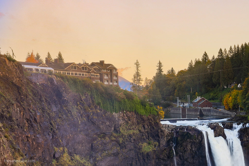 Twin Peaks Great Northern Hotel with stunning cascade of water and rocks wall.