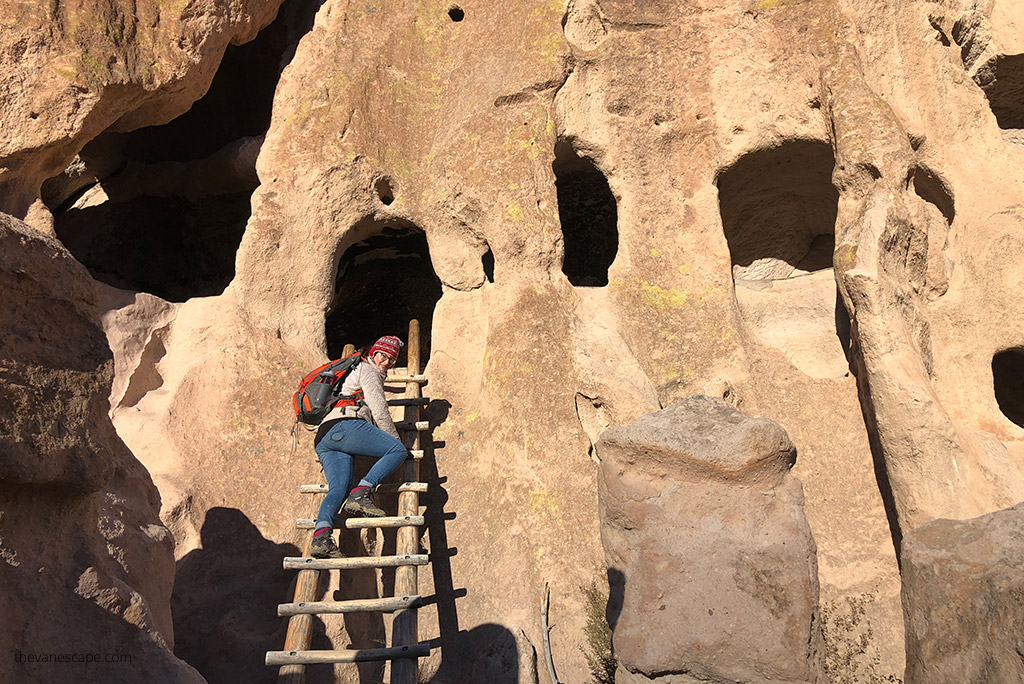 Agnes Stabinska, the author, hiking on the ledder in Bandelier National Monument