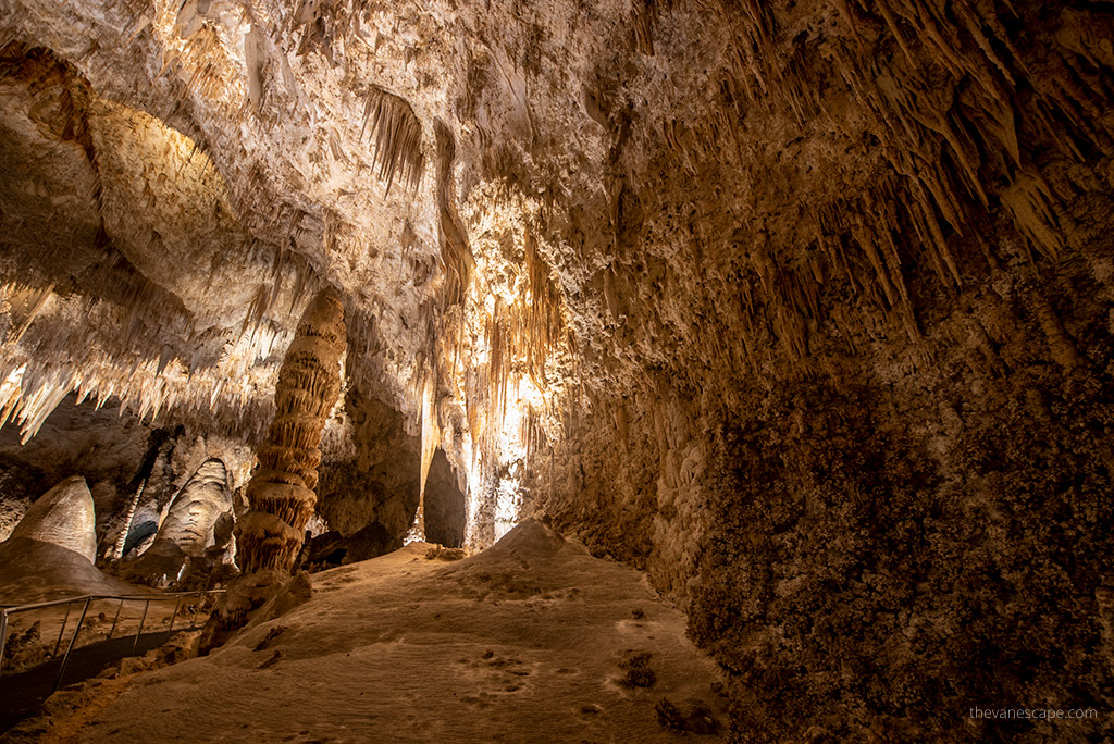 Carlsbad Caverns National Park Itinerary: stunning stalactites and stalagmites in the softly lit cave.