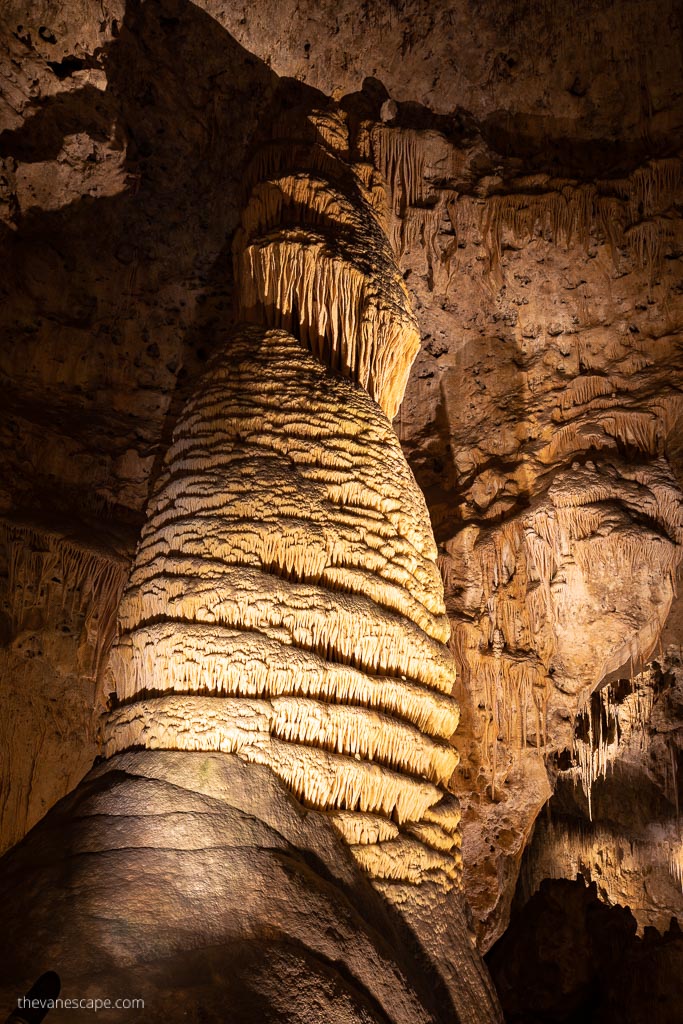 Stalactites and stalagmites in the softly lit cave.