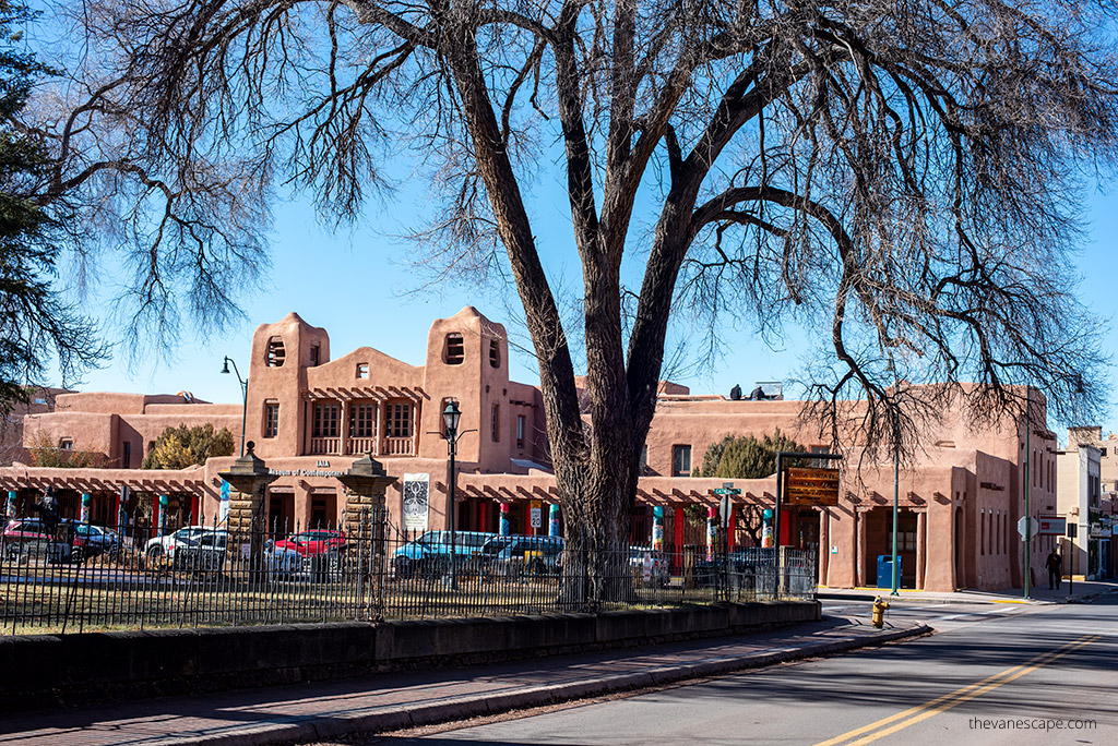 The Santa Fe Plaza buildlings and trees.