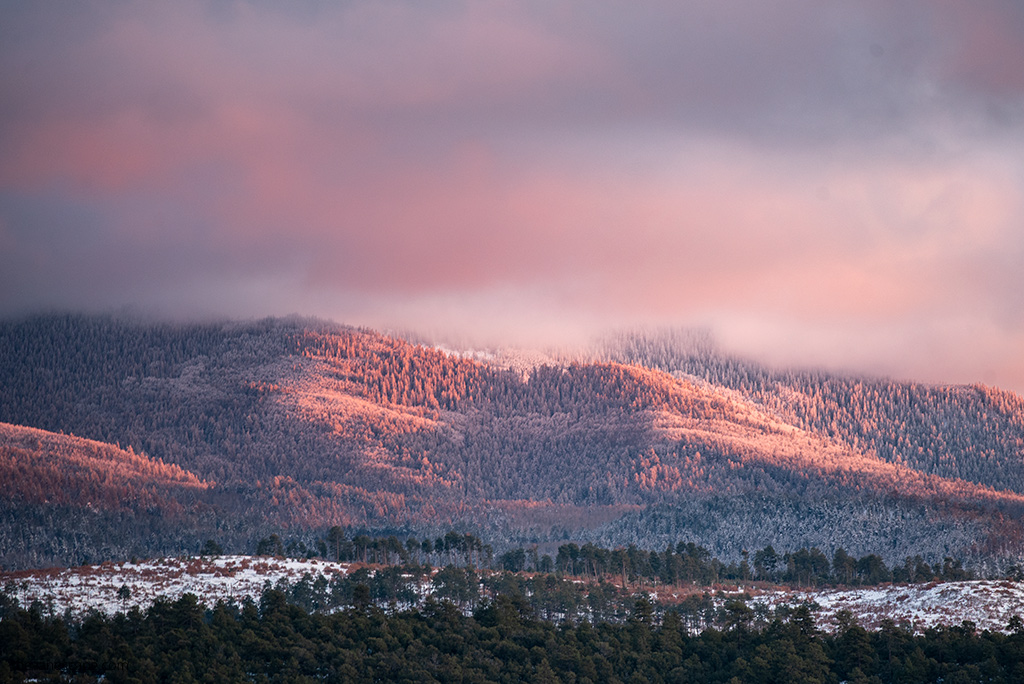 winter in Santa Fe: mountains and trees covered by snow during sunset.