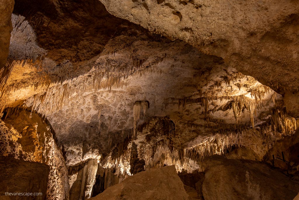Stunning stalactites and stalagmites in the softly lit cave.