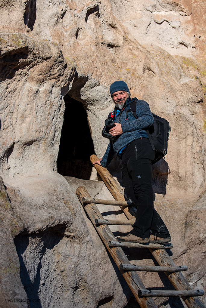 Chris on the ladder hiking in Bandelier National Monument.