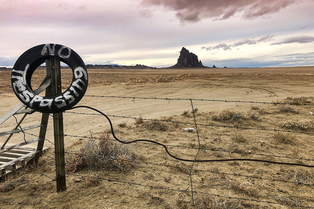 no trespassing sign on the entrrance gate to shiprock