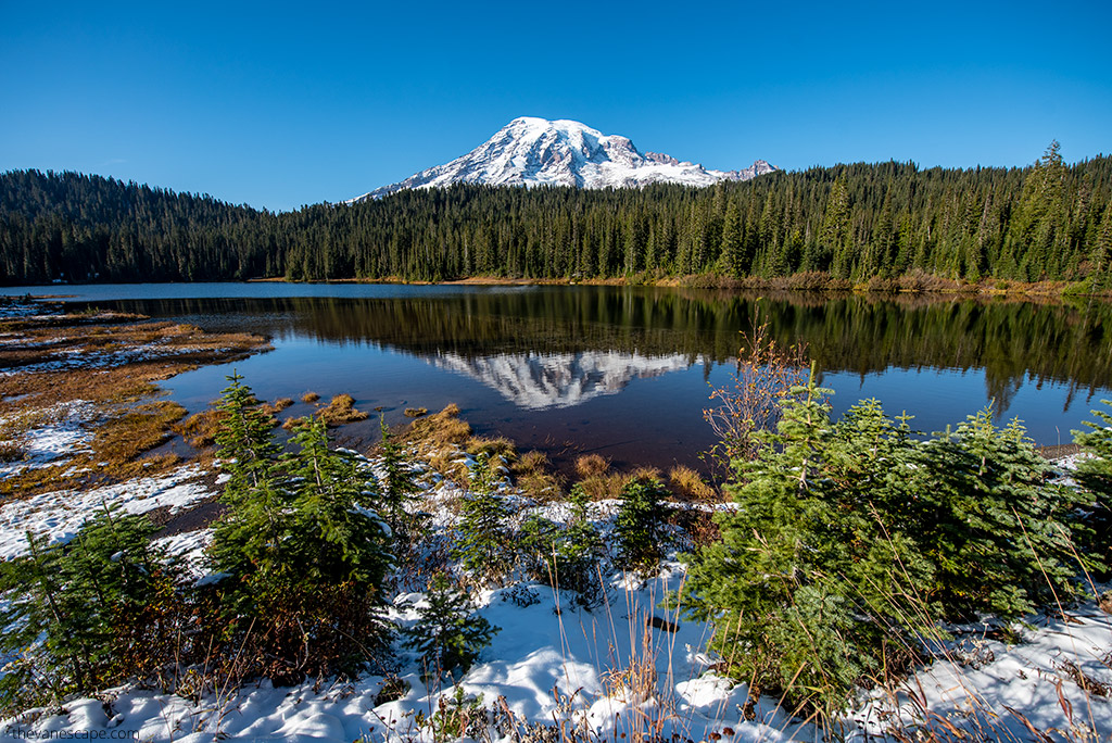 Reflection Lake with muntain and tree reflection on it.