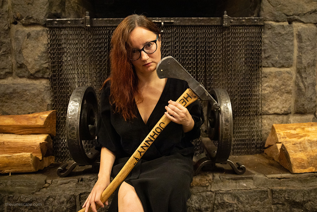 Agnes Stabinska, the author, with the ax from The shining movie.