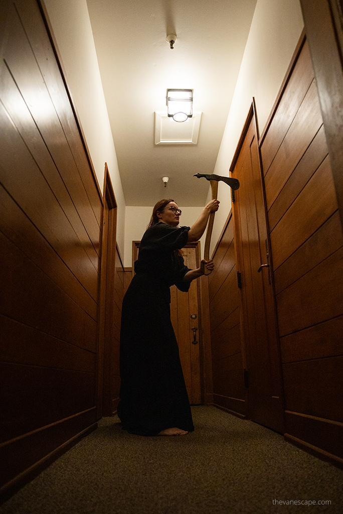 Agnes Stabinska, the author, with ax in the shining hotel in oregon.