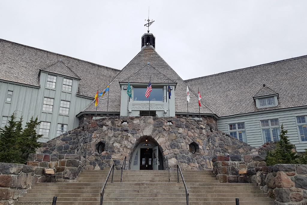 stone entrance and stairs to the historic Timberline Lodge.