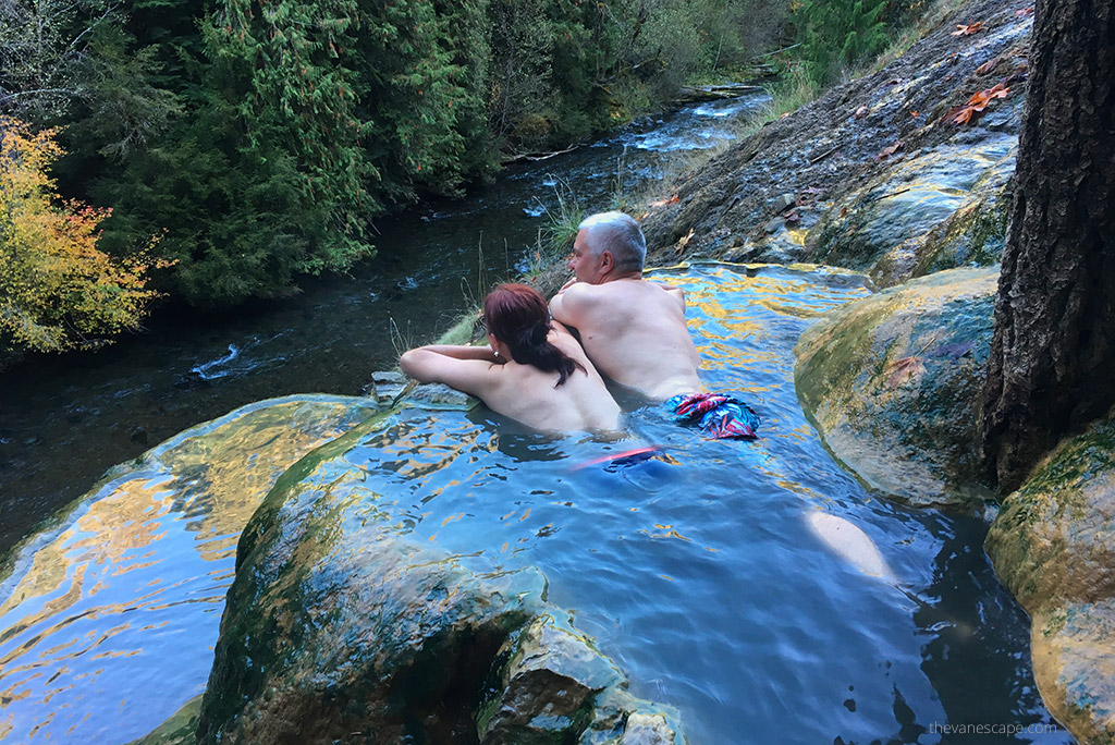 Agnes Stabinska and Chris Labanowski, founders of The Van Escape blog, are soaking and relaxing in Umpqua Hot springs.