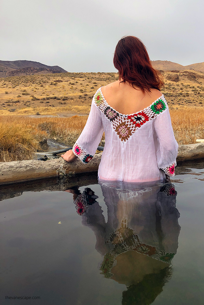 Agnes Stabinska, the author, is soaking in Alvord Desert Hot Springs.