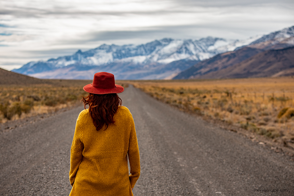 Agnes Stabinska, the author, on the road to Alvord Desert.