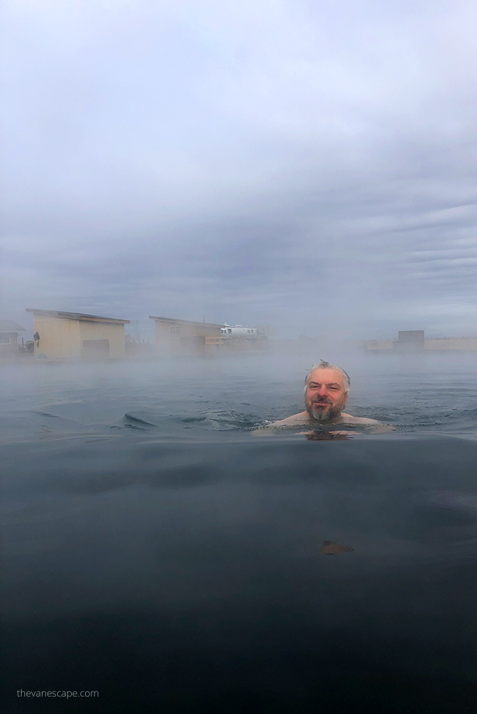 Chris Labanowski, co-founder of the VanEscape blog, is swimming in the Hot Springs Pond.