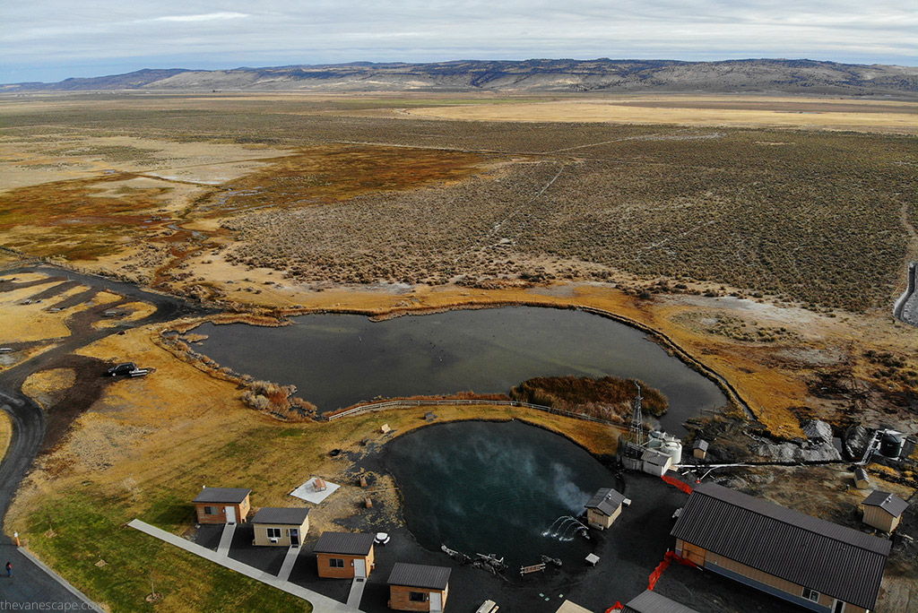 Crystal Crane Hot Springs - view of pools and surronding fields from dron.