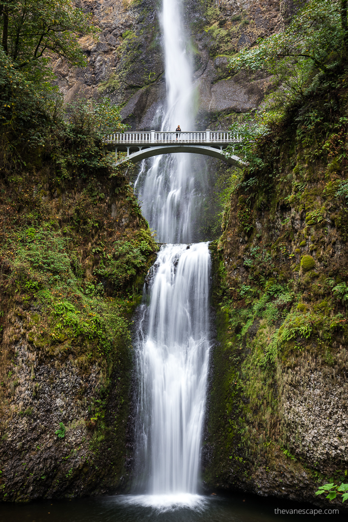 A silhouette of the author Agnes Stabinska from a very distance, from the base of the waterfall. Agnes is standing on the Benson Bridge, with the Multnomah Falls flowing down behind her, all around there are rocks and lush greenery and a water breeze.