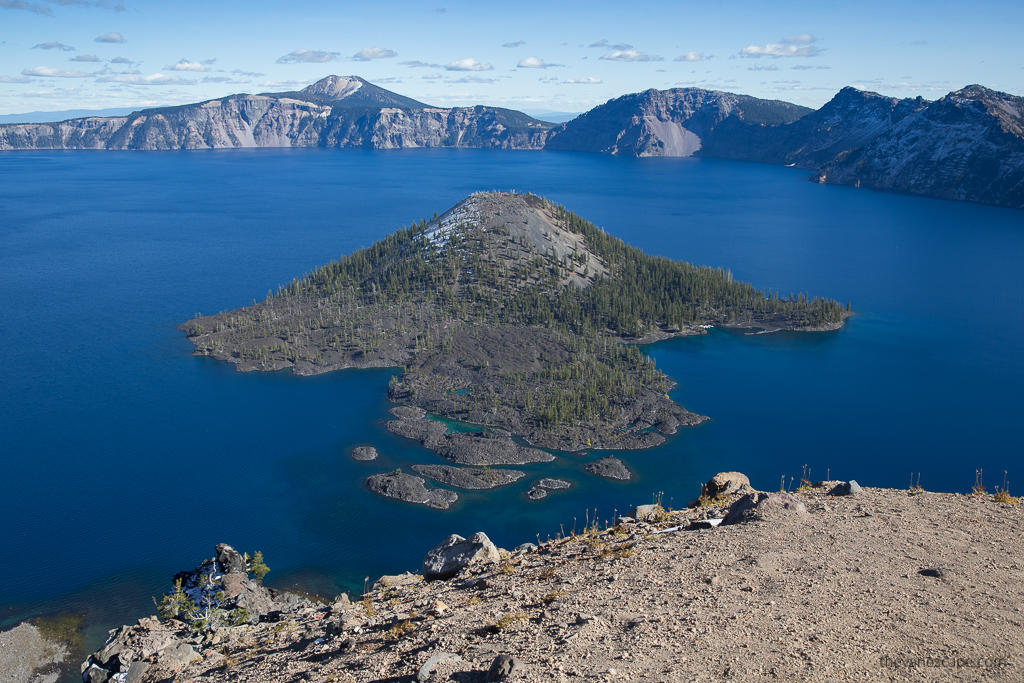 Wizard Island on the lake.