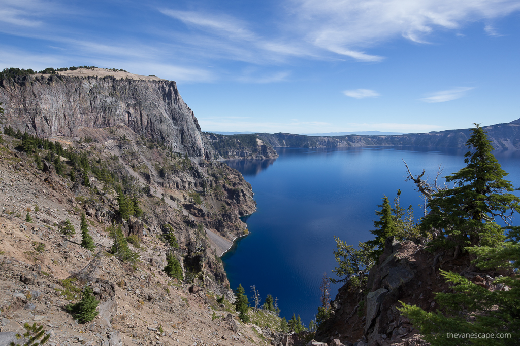 view of Crater Lake from a hiking trail.