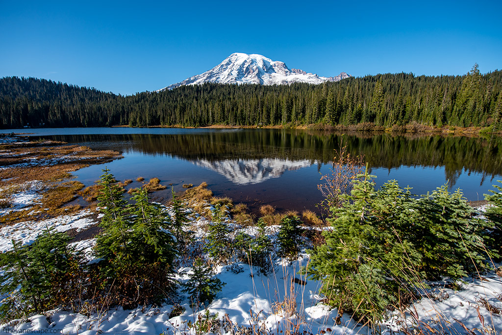 Mount Rainier National Park as a day trip fom Portland: the reflection of the mountain in the lake.