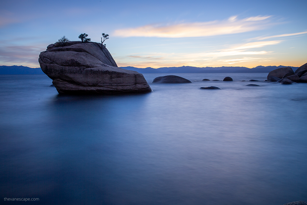 Bonsai Rock at Lake Tahoe after sunset.