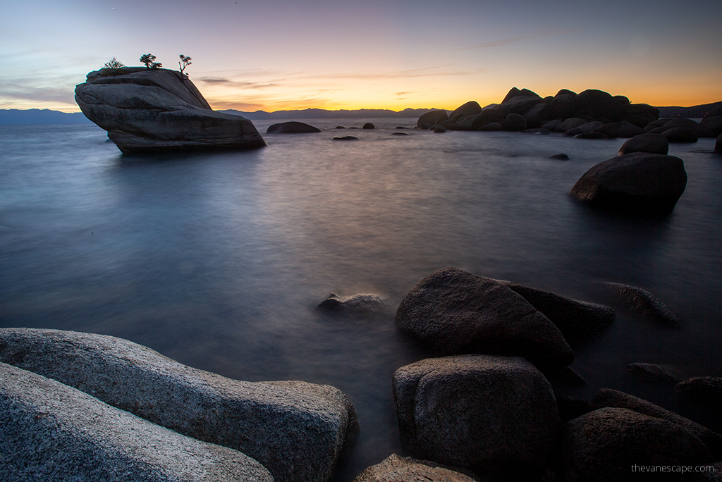 Bonsai Rock at Lake Tahoe after sunset.