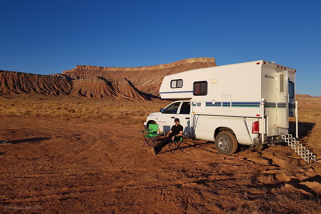 Chris Labanowski, at the front of our white camper truck in which we spent 9 months during our longest road trip.