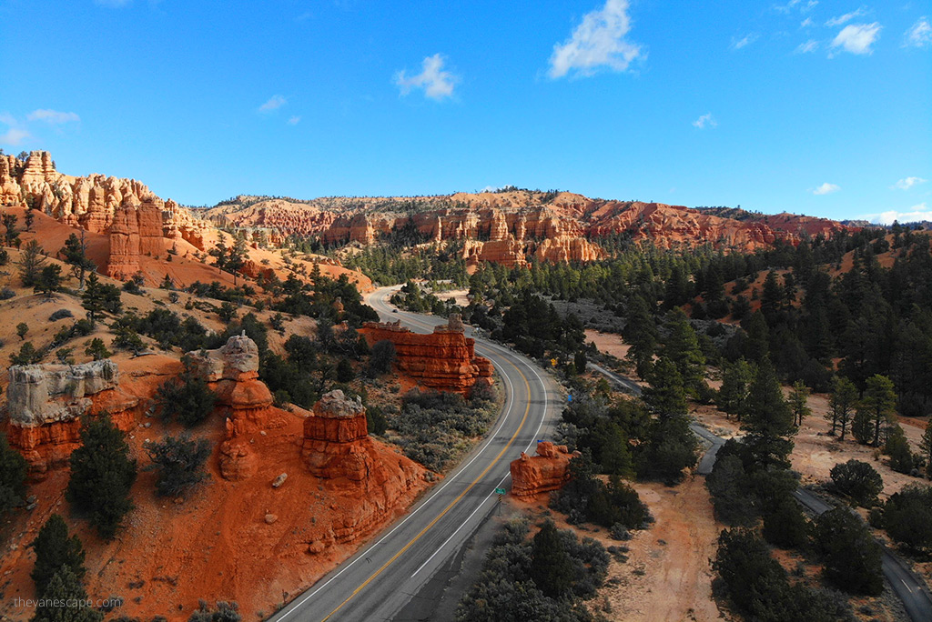 road in Utah among orange rock formations.