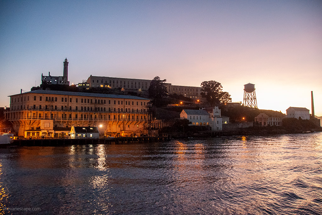 The Alcatraz prison by night, just after sunset