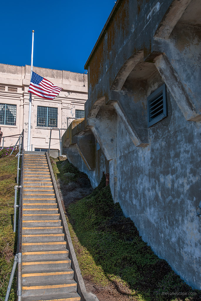 stairs leading to the prison and an American flag