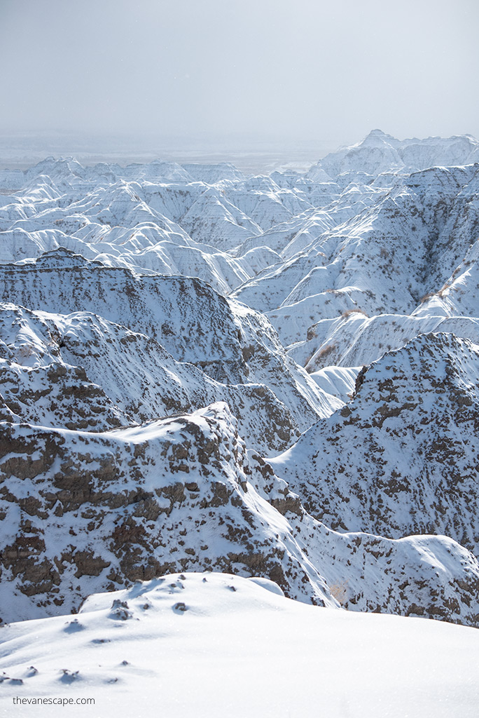 Badlands covered by snow.